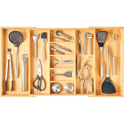 Adjustable Bamboo Kitchen Drawer Organizer for Utensils - For Utensil 19-33 Inches, Extra Large Expandable Cutlery Tray