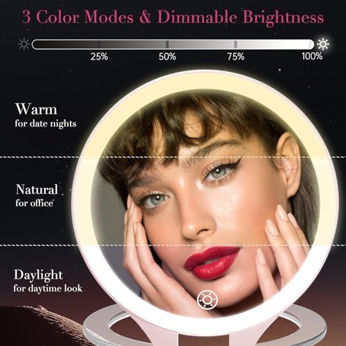 FASCINATE Pink Double-Sided Lighted Travel Magnifying Mirror with 10X/1X LED Lighting