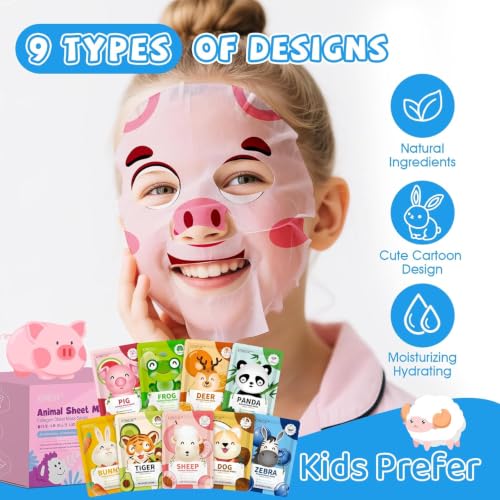 Kids Animal Face Mask Set - 54 Pack Cartoon Spa Party Supplies for Girls Teens