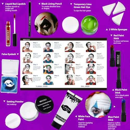MEICOLY Joker Makeup Kit - Complete Clown & Halloween SFX Costume Set with Face Paint, Green Hair Dye & Accessories