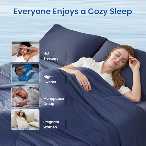 Queen Size Cooling Comforter - Reversible Lightweight Summer Blanket for Hot Sleepers - Dark Blue 90x90
