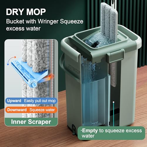 JOYMOOP Green Flat Mop System with 3 Microfiber Pads & Bucket Set - Commercial & Household Floor Cleaning