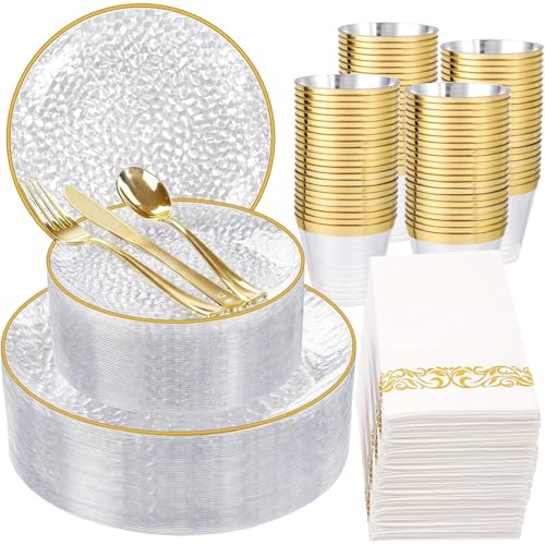 Rubtlamp Clear Gold Hammered Plastic Plates Set - Disposable Dinnerware for Parties
