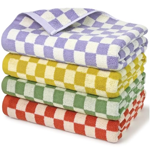 Checkered Cotton Bath Towels Set of 4 - 27.5 x 55 Inches, Multi Colors