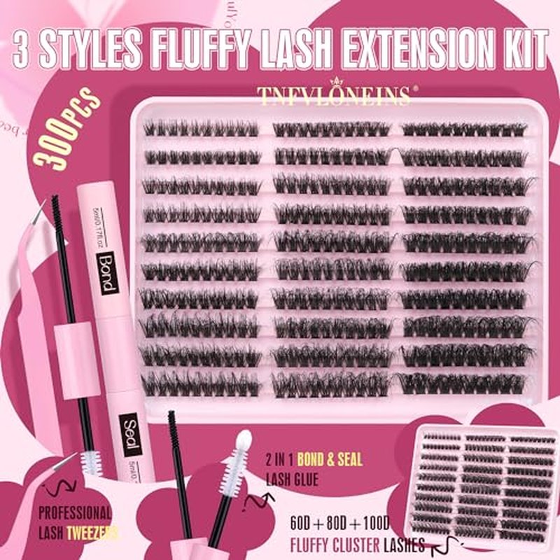 Fluffy Lash Extension Kit 60D+80D+100D Lash Clusters Thick Eyelash Extension Kit 10-18mm Individual Lashes Kit 300PCS Eyelashes Extension with Bond and Seal and Lash Extension Tweezers by TNFVLONEINS