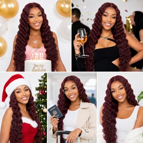 Burgundy Deep Wave Human Hair Bundles - 3 Pack 10/12/14 Inch - Burgundy #99J Variation D