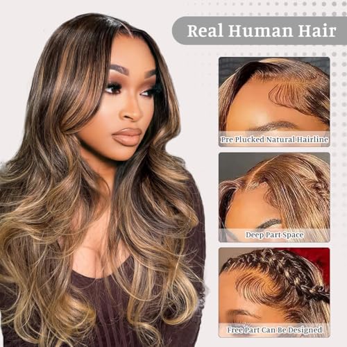 26 Inch Honey Blonde Highlight Human Hair Body Wave Lace Front Wig - 180% Density, 13x4 HD Transparent Lace, P4/27 Variation
