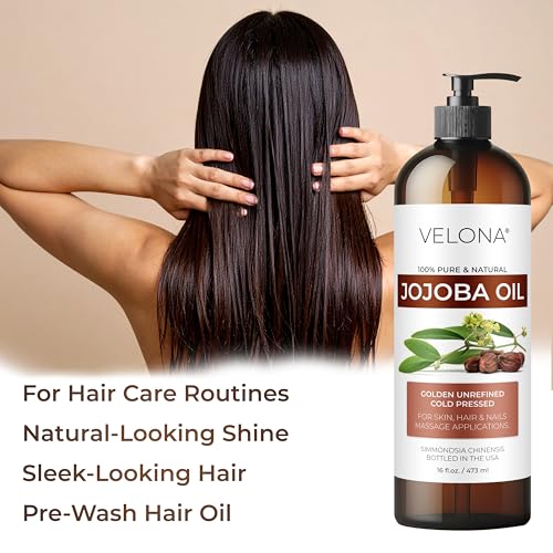 Velona Jojoba Oil 32 Fl Oz - Cold Pressed Unrefined Body & Hair Oil with Pump - Pack of 1