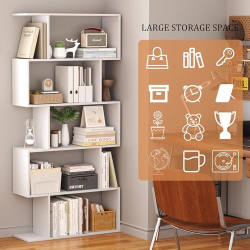 White 5-Tier Geometric Bookcase with Modern Design, 27.8W x 9.5D x 61.8H Shelf
