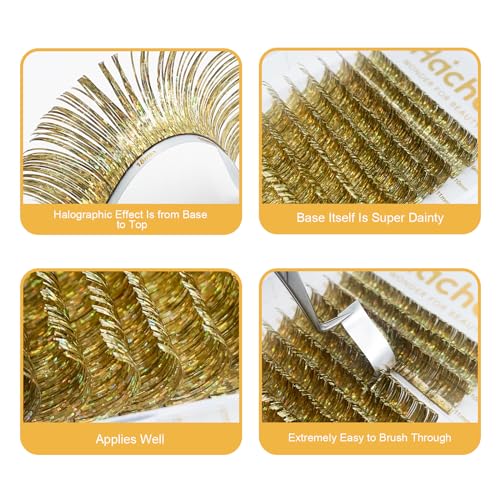 Colored Lash Extensions CC Curl 9-18mm Mixed Lash Trays, Holographic Lash Tinsel for Eyelash Extension (Gold, Volume)