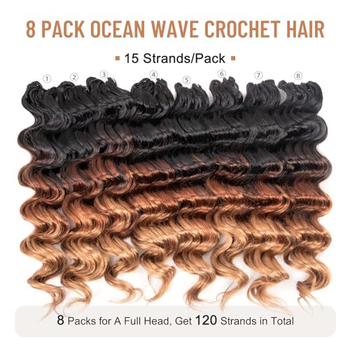 ToyoTree 14 Inch Ocean Wave Crochet Hair - 8 Packs Ombre Brown Deep Wave Extensions