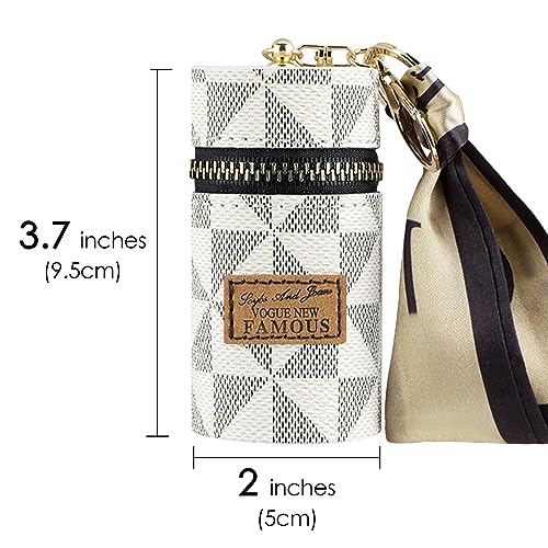 Lipstick Case Keychain with Scarf Charm, Vegan Leather Mini Lip Gloss Organizer Pouch for Purse (White, 1 Pack)