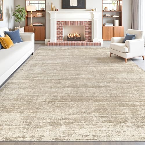 Beige 8x10 Modern Abstract Washable Area Rug for Living Room - Non-Slip, Soft Microfiber
