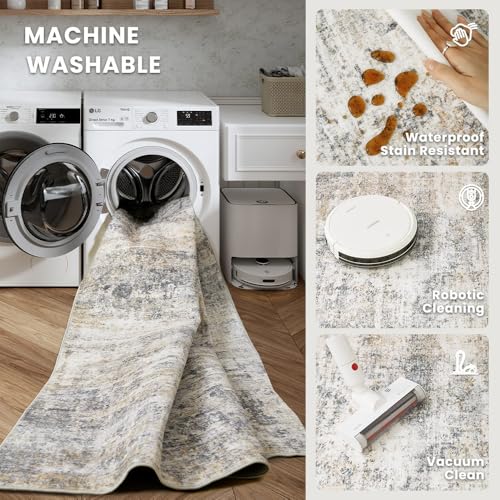Grey Beige Washable Area Rug 8x10 for Living Room Vintage Print - Pet-Friendly