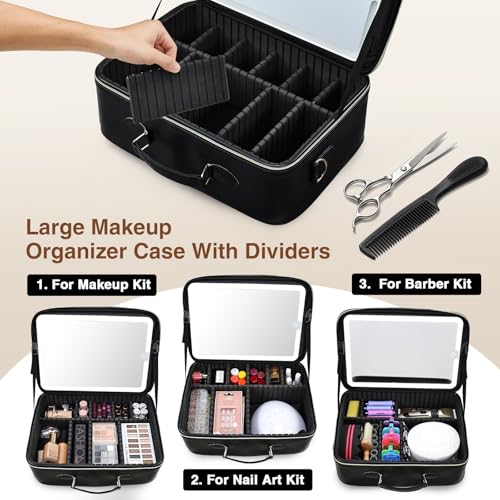 Large Makeup Bag with LED Mirror - Travel Cosmetic Train Case for Makeup Artists, Black