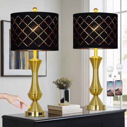 Luxeflow 29-Inch Gold Modern Touch Table Lamps Set of 2 - Dimmable Nightstand Lamps with USB-C + A Outlets, Brass Finish, 4 Variation