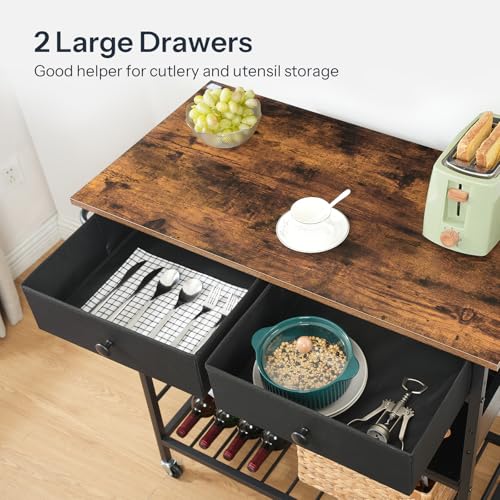HOOBRO Rustic Brown & Black Kitchen Island with Storage, Rolling Cart, 2 Drawers, Outlet & Wine Rack