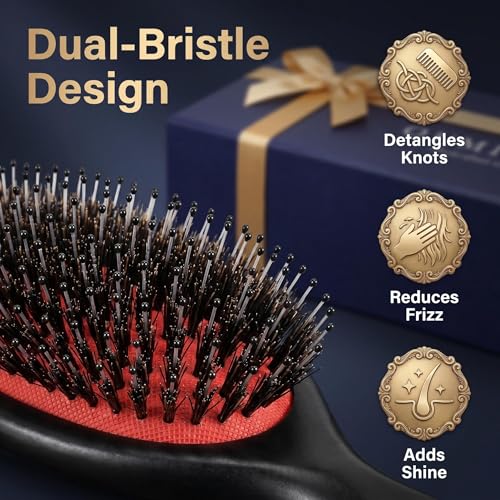 Large Boar Bristle Hair Brush for Thick & Curly Hair - Handmade Wooden Comb