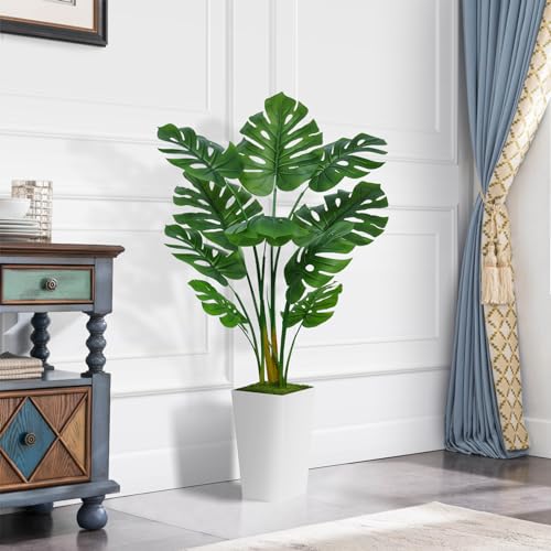 ASTIDY White 5ft Artificial Monstera Deliciosa Plant in Tall White Planter – Real-Look Faux Indoor Tree