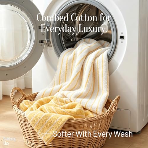 Yellow Cotton Bath Towels Set 8 Pieces - Striped, Soft & Absorbent