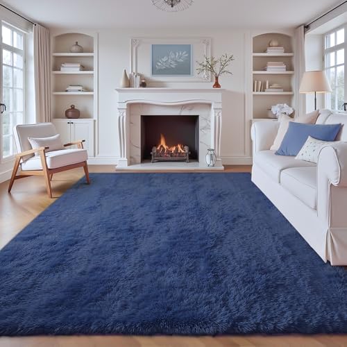 VECARF Navy Blue 8'x10' Shag Area Rug - Soft Washable Fuzzy Indoor Carpet for Living Room & Bedroom