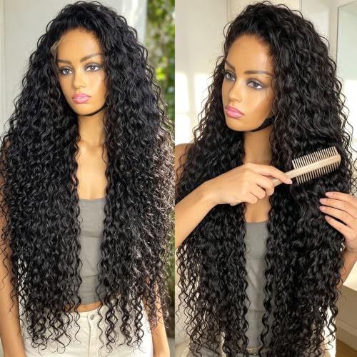 Natural Curly Wave Lace Front Wig 24 Inch for Women - Water Wave Synthetic Glueless Lace Frontal with Baby Hair and Preplucked Hairline