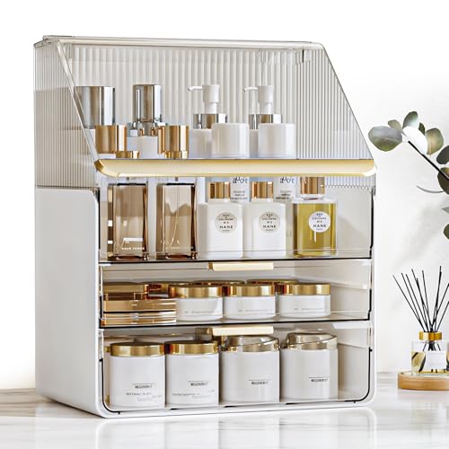 Makeup Organizer Countertop with Drawers & Lid, Skincare Organizer for Vanity, Large Cosmetic Organizer & Display Cases and Storage for Bathroom & Desktop. Perfect for Girl Women Mom Gifts