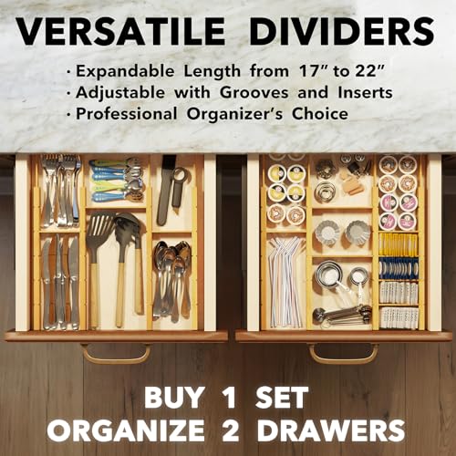 SpaceAid Bamboo Drawer Dividers with Labels, Expandable 17-22 Inch Natural Organizer, 10 Pieces with Inserts (Variation: 2.35''H, 17-22''L, 10 Dividers)