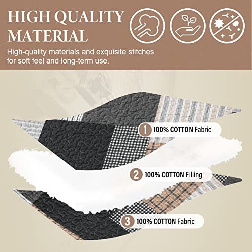 Queen 3-Piece Cotton Patchwork Quilt Set with Reversible Plaid Design - All-Season Bedding, Grey/Black/Brown/White, 90x98 inches