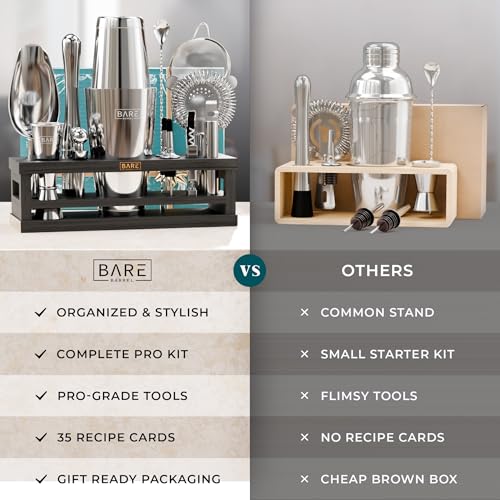 Bartender Kit Bar Set with 28oz Boston Shaker - Silver & Black | 16-Piece Cocktail Mixing Tools & Recipe Cards