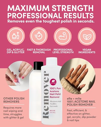 Ella+Mila 100% Pure Acetone Nail Polish Remover - Gel & Acrylic, 16 Fl Oz Pack of 3