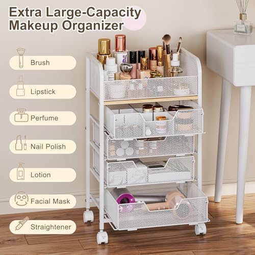 Makeup Cart Organizer with 4 Drawers, Large Floor Skincare Organizers, Vanity Storage Organizer Cosmetics Display Cases for Skin Care Perfume Nail Polish, White
