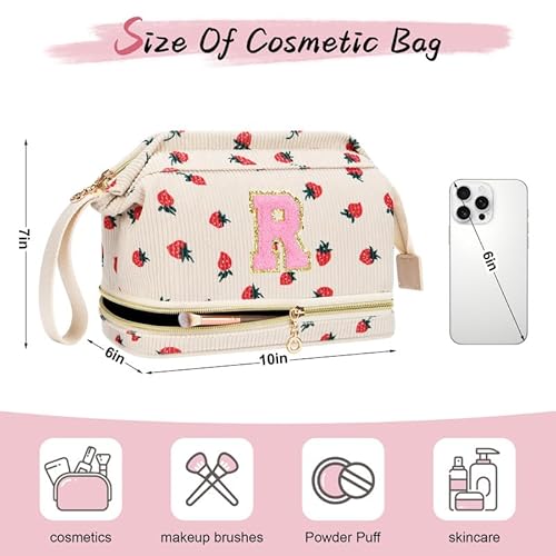 Personalized Initial Makeup Bag,Strawberry Quilted Makeup bag Christmas Gifts for Girls,Double Layer Travel cosmetic Bag with Make up Brush Organizer,Cute Travel Toiletry Pouch-I