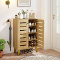 GIANTEX Shoe Cabinet with Doors - Slatted Door Modern Wooden Narrow Shoe Storage