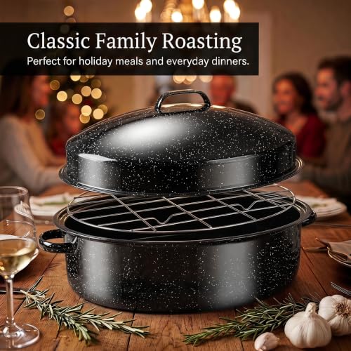 19.5-Inch Black Enamel Roasting Pan with Lid & Rack - Oval Turkey & Holiday Roast