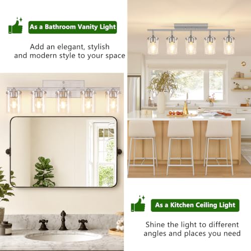 Brushed Nickel 5-Light Track Ceiling Light Fixture with Clear Glass Shades — Modern Adjustable Spotlight for Kitchen Living Room Hallway