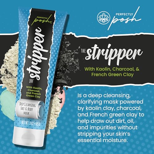 Perfectly Posh - Stripper Deep Cleansing Face & Body Mask - Clarifying Clay Mask with Charcoal, Kaolin and French Green Clay - 85grams