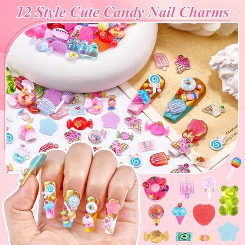 3D Candy Nail Charms, Multi Color Sweet Lollipop Donuts Doughnut Gummy Star Heart Bears Cute Candy Jewelry Nail Charms with Pickup Tools for Nail Art DIY Decorations Design