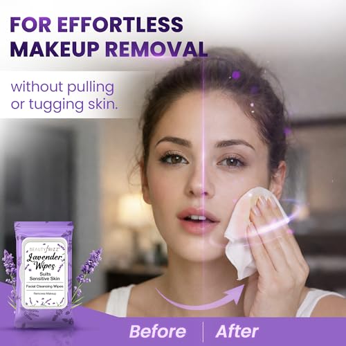 BeautyFrizz Lavender Face Wipes - 120 pcs - Gentle Makeup Remover Wipes for Women - Facial Cleansing Wipe with Aloe, Castor, Vitamin A and E - Extra Soft - Moisturizing