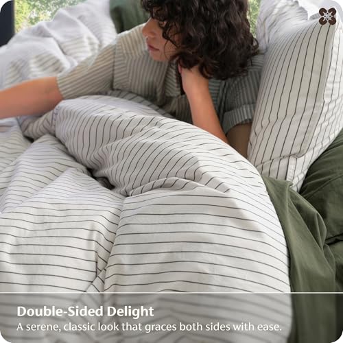 Bedsure Queen Size Stripe Duvet Cover Set Linen-Like Cotton 3-Piece