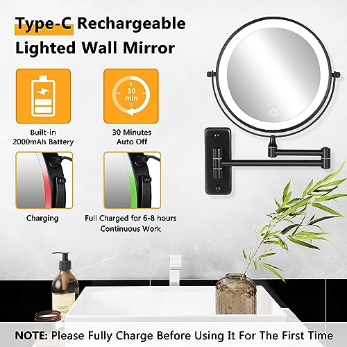 DECLUTTR 8-Inch Rechargeable LED Wall-Mounted Makeup Mirror 10X Magnification Black
