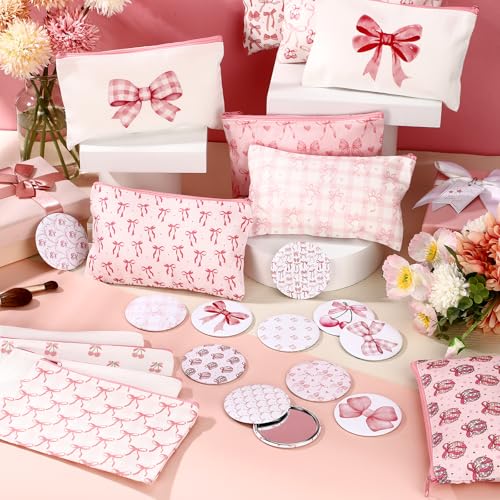 Chunful 24 Pcs Coquette Bow Party Favors 12 Canvas Makeup Bags 12 Aesthetic Compact Mirror Zipper Pouch Round Pocket Mirrors for Women Guests Quinceanera Party Favors(Pink,Cute Style)