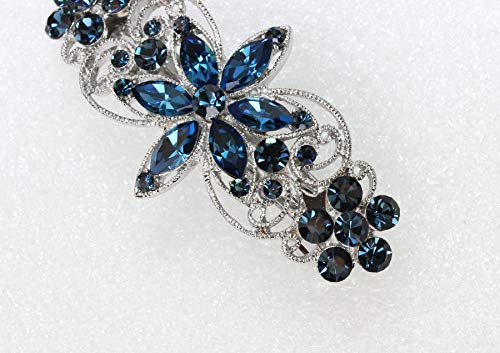 Faship Navy Blue Rhinestone Crystal Floral Hair Barrette Clip for Weddings
