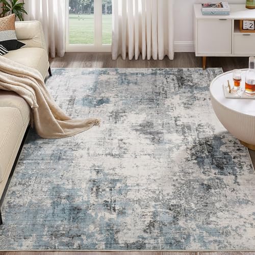Grey Blue Washable 9x12 Area Rug for Living Room - Modern Abstract Home Decor