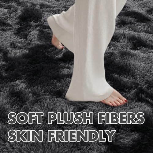 Cuzwlovita 8x10 Ft Dark Grey Tie-Dye Shag Rug - Extra Large Fluffy Area Carpet for Living Room & Bedroom