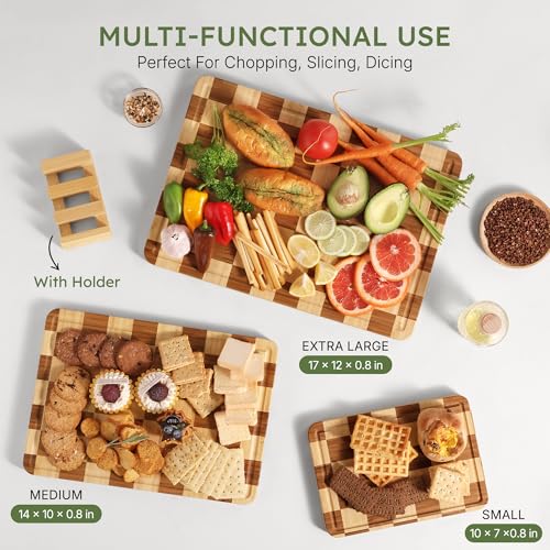 Set of 3 Wooden Checkered Cutting Boards with Holder - Non-Toxic Bamboo Kitchen Chopping & Serving Platters