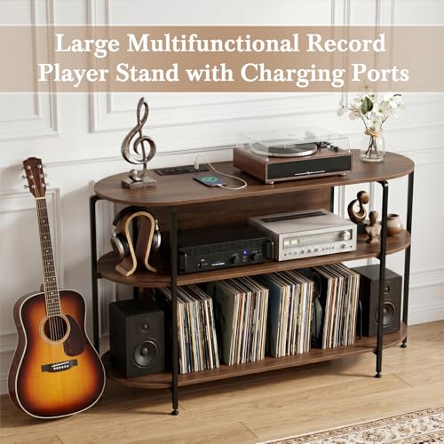 Vinyl Record Player Stand with Power Outlets - 28.3 Inch Walnut Mid Century Console with 3 Tiers