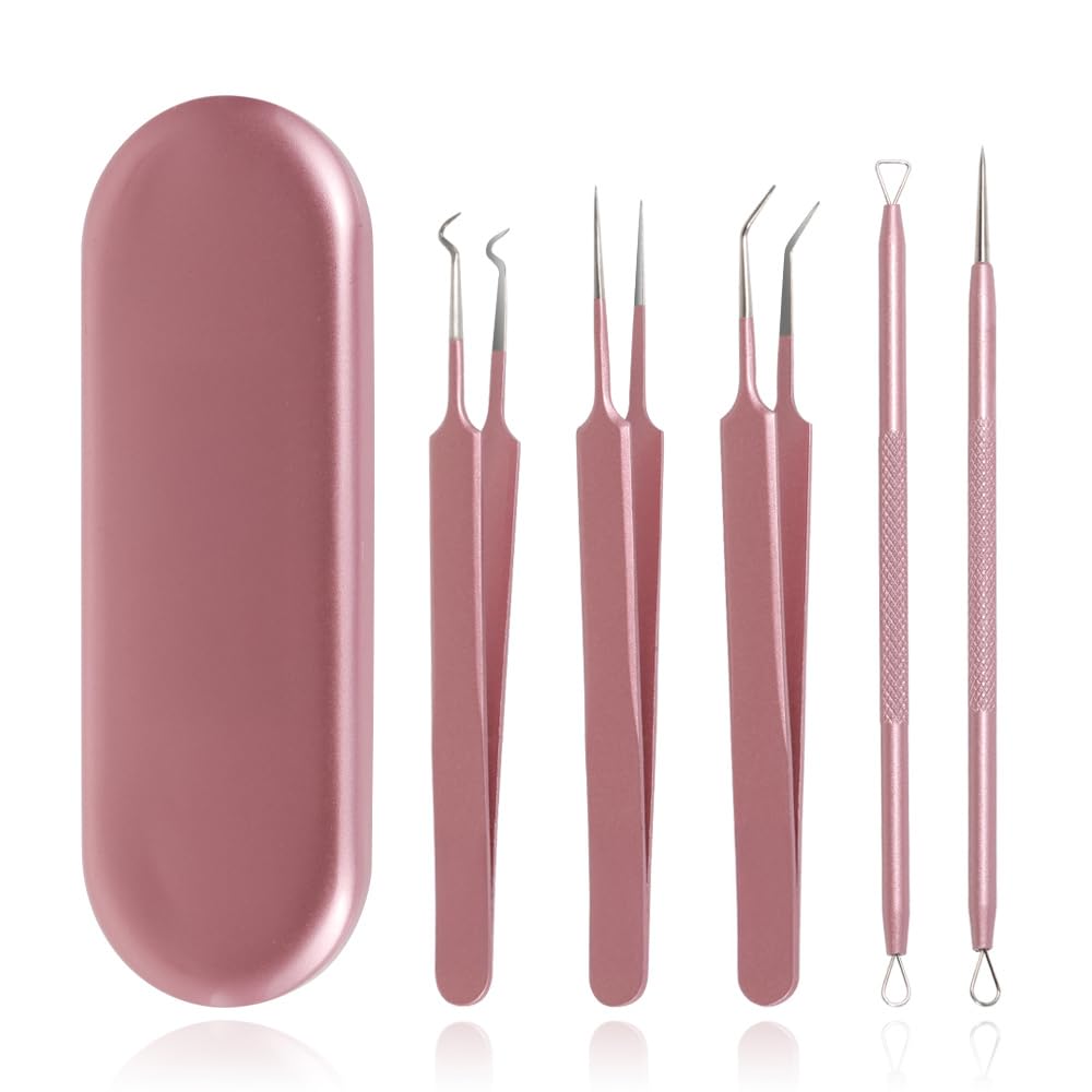 GIHWRRIProfessional Blackhead Removal Tool Set, 5 Piece Stainless Steel Comedone Extractors, Pink