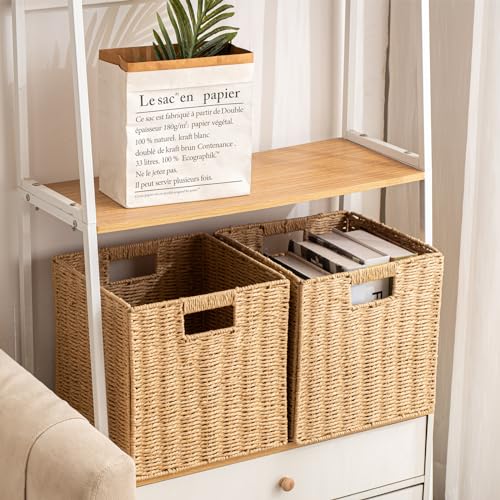 Set of 4 Foldable Hand Woven Storage Baskets with Handles - 13x13x13 Inches, Natural