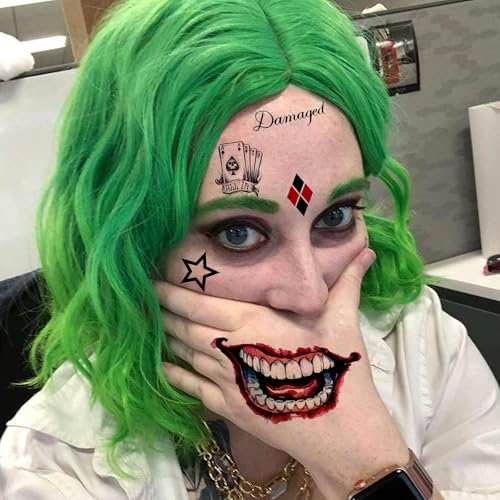 5 Sheets Joker Tattoos Stickers, Hand Damaged Joker Face Tattoos For Women Men Adults, 3D Fake Halloween Temporary Tattoos Makeup Kit Set Clown Inmate Prison Scary Halloween Makeup Accessory Costume
